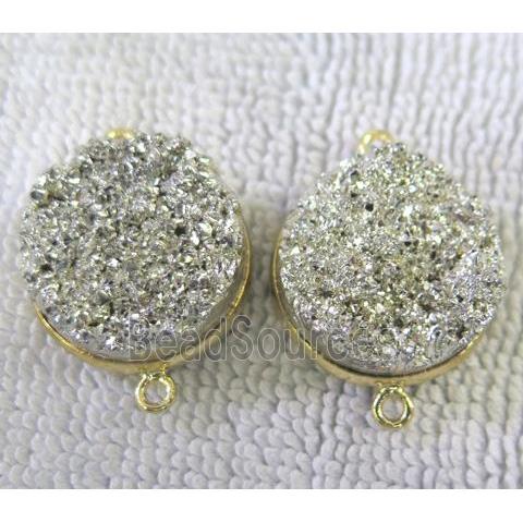 metallic quartz druzy connector, flat-round, silver electroplated