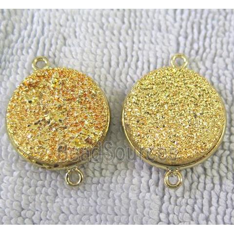 metallic quartz druzy connector, flat-round, golden electroplated