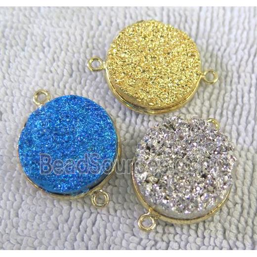 metallic quartz druzy connector, flat-round, mixed color