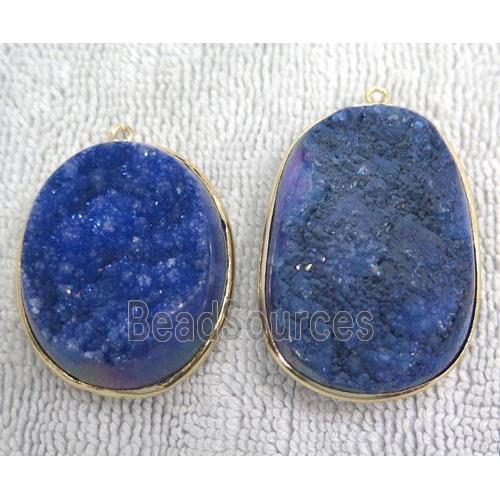 blue quartz pendant with druzy, freeform, gold plated