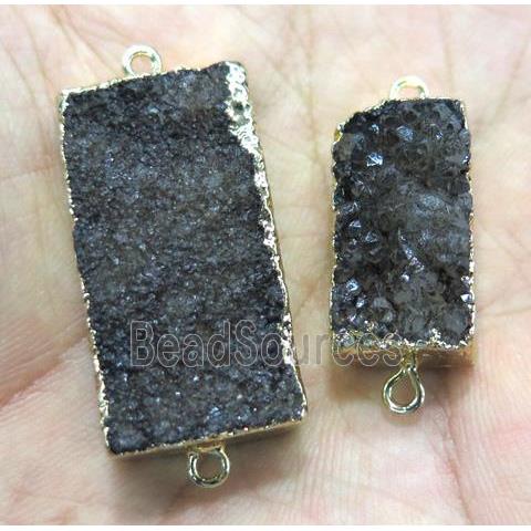 black quartz druzy connector, rectangle, gold plated