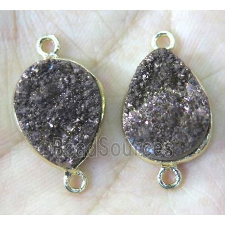 druzy quartz connector, teardrop, brown electroplated