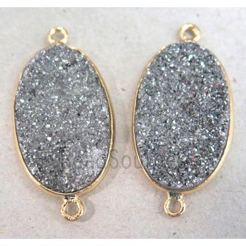 druzy quartz pendant, oval, silver plated