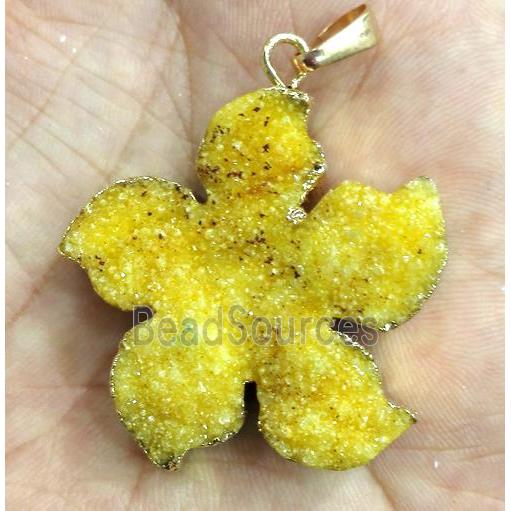 druzy quartz pendant, flower, yellow