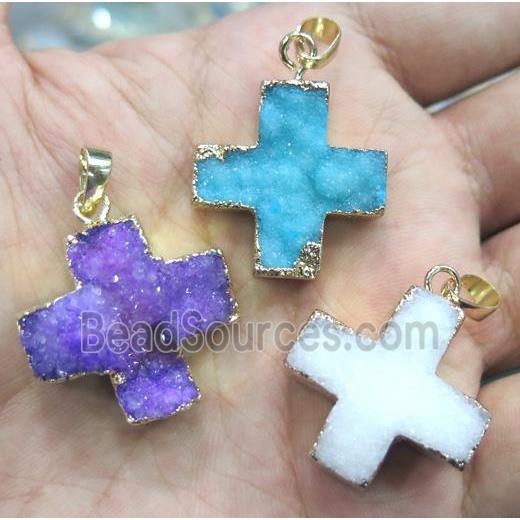 quartz Druzy Cross Pendant, mixed color