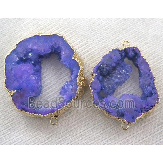 agate druzy slice connector, purple, freeform, gold plated