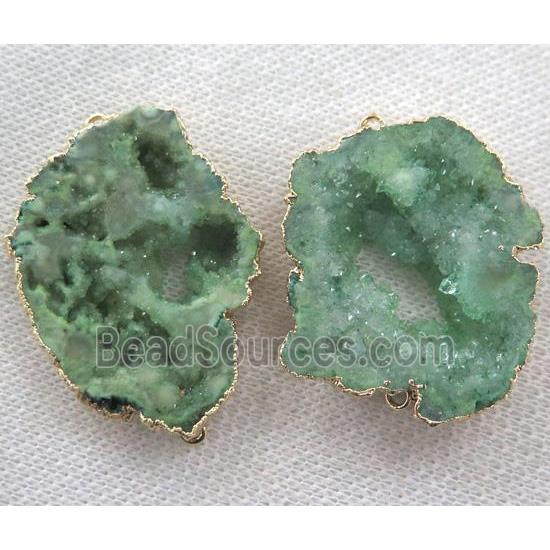 druzy agate slice connector, green, freeform, gold plated