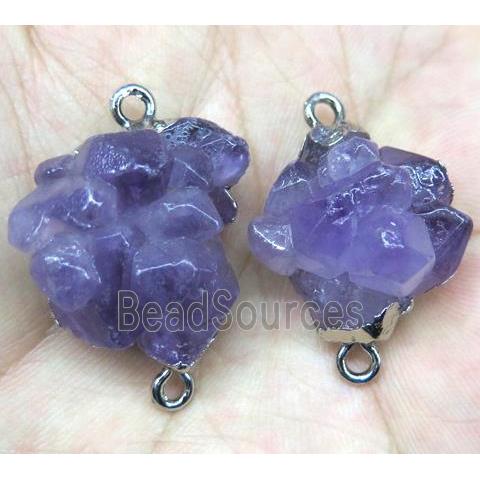 cluster Amethyst point connector, freeform, platinum plated