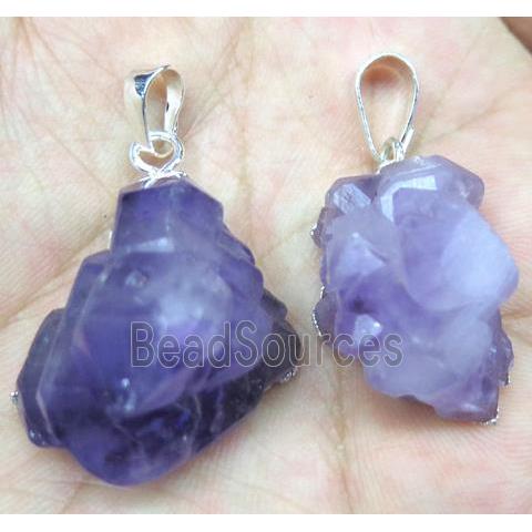 cluster Amethyst point pendant, freeform, silver plated