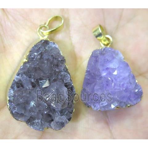 Amethyst druzy pendant, freeform, gold plated