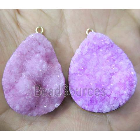 pink druzy quartz pendant, teardrop