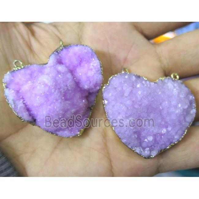 druzy quartz pendant with 2holes, heart, hotpink