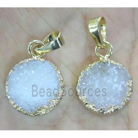 white druzy quartz pendant, flat-round, gold plated