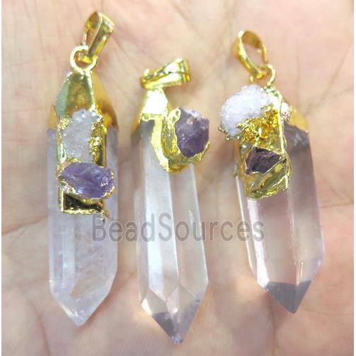 Clear Quartz bullet pendant paved gems, gold plated