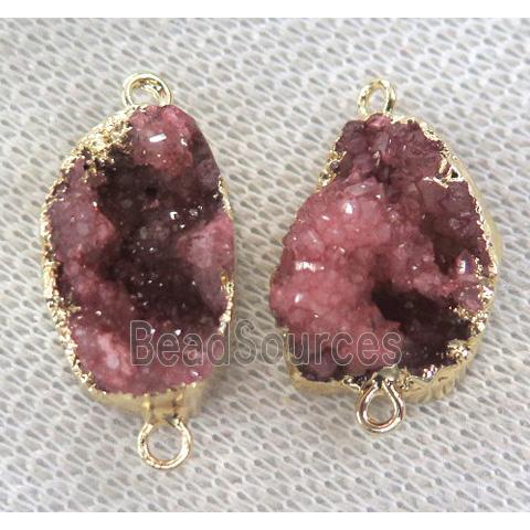 red druzy connector, freeform, clear quartz