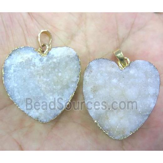 white druzy quartz pendant, heart, gold plated