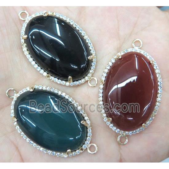 agate connector with rhinestone, oval, mix color