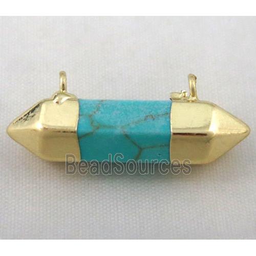 green turquoise pendant with 2holes, bullet, gold plated