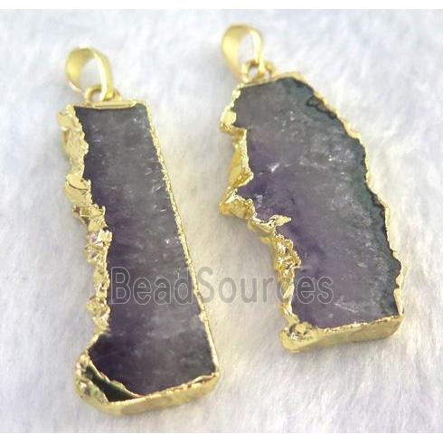 amethyst pendant, freeform slice, gold plated