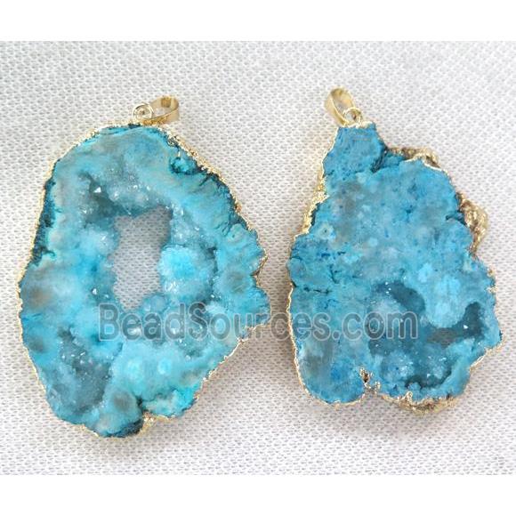 blue druzy agate slice pendant, freeform, gold plated