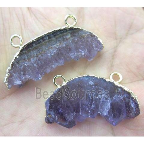 amethyst druzy pendant with 2holes, lune-shape, gold plated