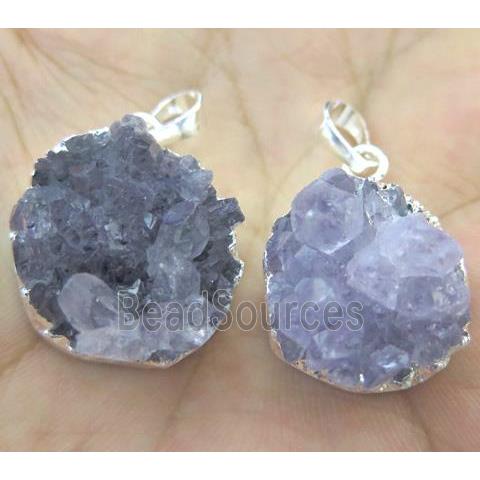 amethyst druzy pendant, flat-round, silver plated