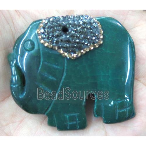 green Agate elephant pendant pave rhinestone