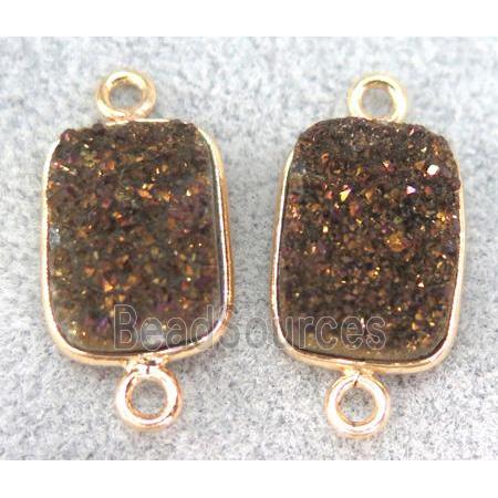 coffee druzy quartz connector, rectangle, gold plated