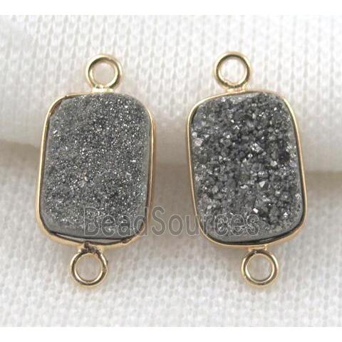 druzy quartz connector, rectangle, silver electroplated