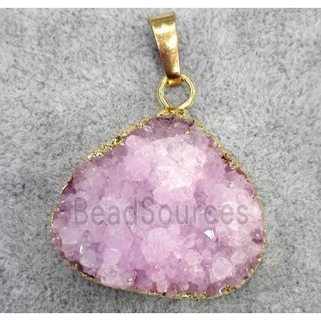 pink druzy quartz teardrop pendant, gold plated