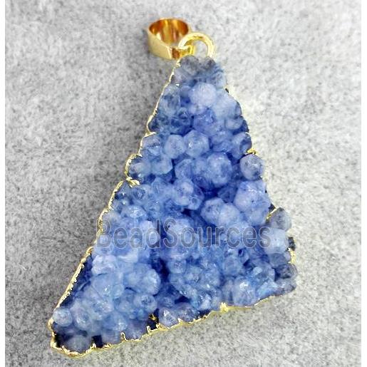 druzy quartz pendant, triangle, gold plated