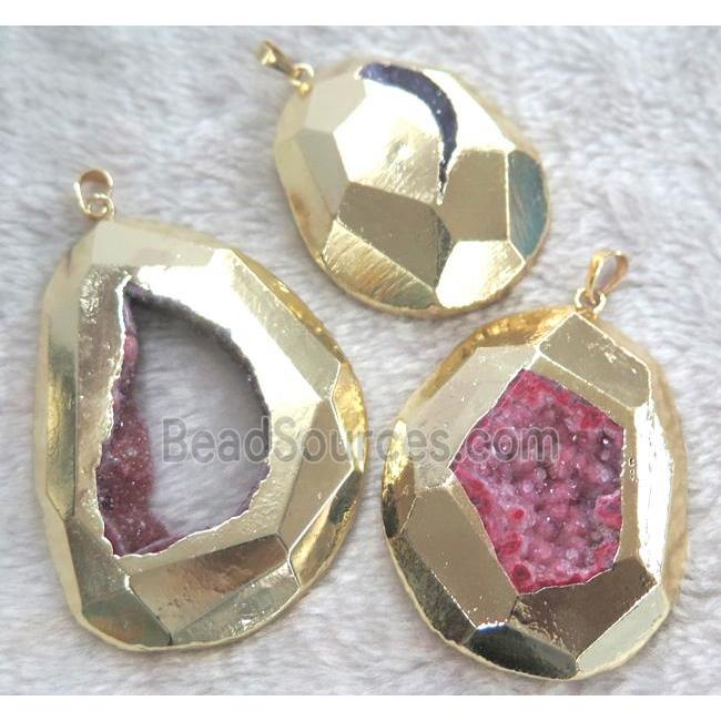 pink druzy agate pendant, geode, freeform, gold plated