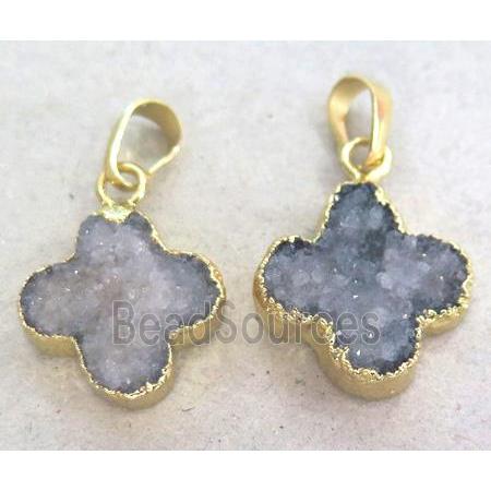 druzy quartz pendant, four-leaf clover, gold plated