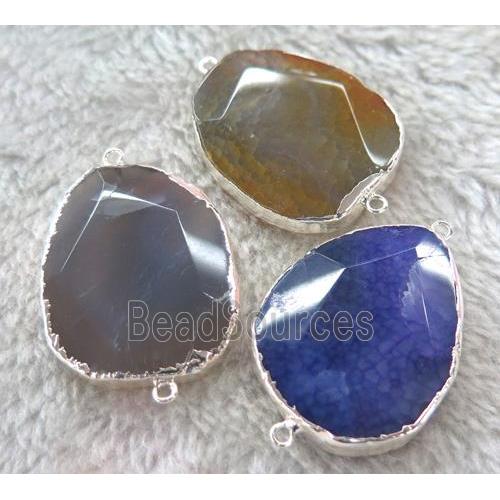 mix agate connector, faceted freeform, silver plated