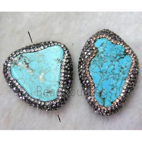 turquoise slice bead paved rhinestone, flat freeform, blue