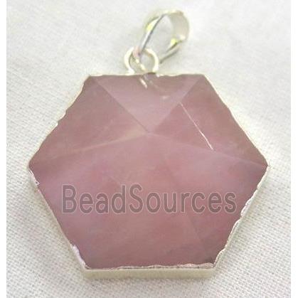 rose quartz hexagon pendant, point, silver plated