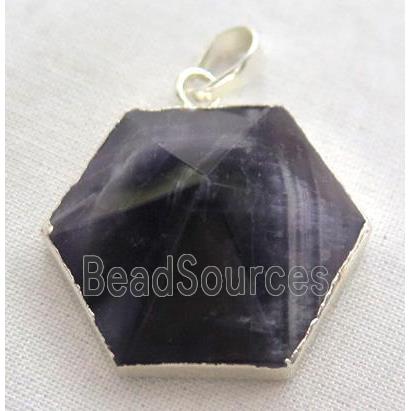 amethyst hexagon pendant, point, silver plated