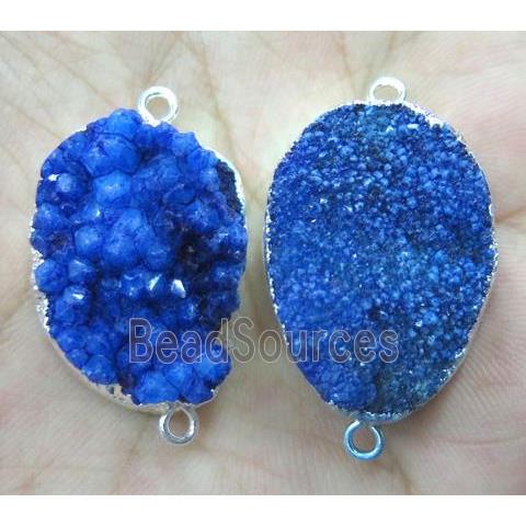 blue druzy quartz connector, freeform, silver plated