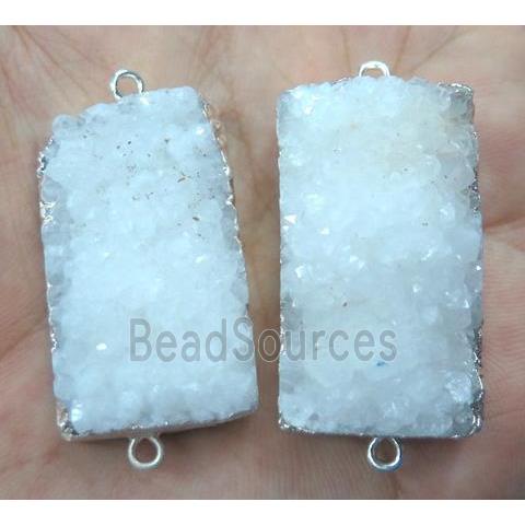 white druzy quartz connector, rectangle, silver plated