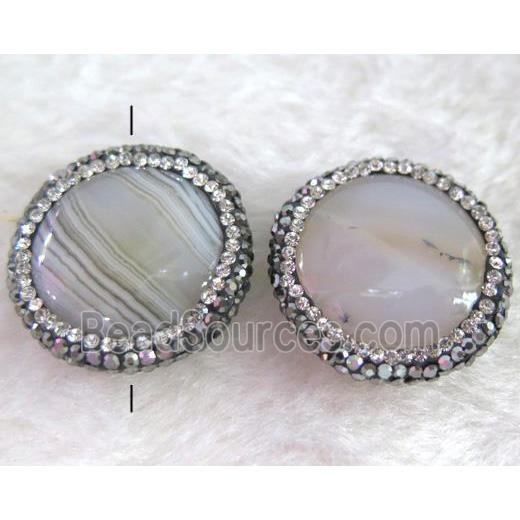 Heihua Agate bead paved rhinestone, gray, flat-round