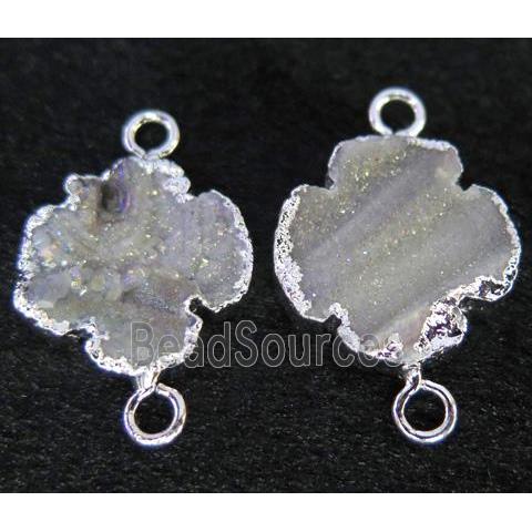 sun agate druzy connector, four-leaf clover, silver plated, AB color