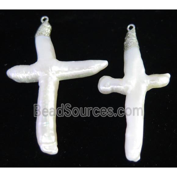 freshwater pearl pendant, cross, white