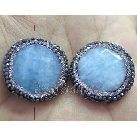 jade bead paved rhinestone, faceted flat-round, blue dye