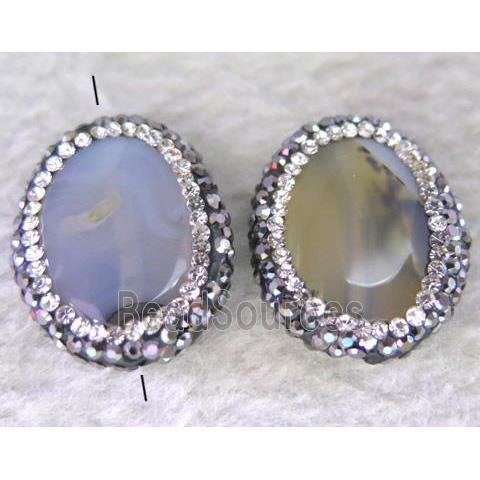 Heihua agate bead paved rhinestone, oval, gray