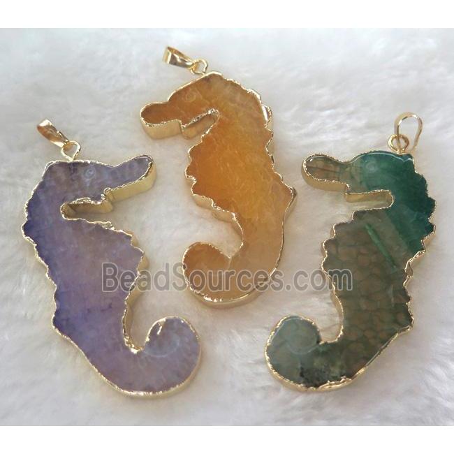 Agate Sea-Horse pendant, mix color, gold plated