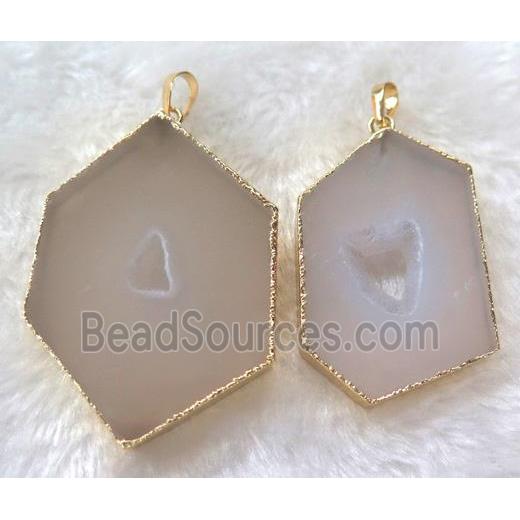 druzy agate pendant, grey, freeform, gold plated