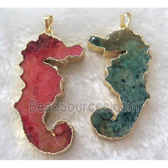 Coral Fossil pendant, sea-horse, mix color, gold plated