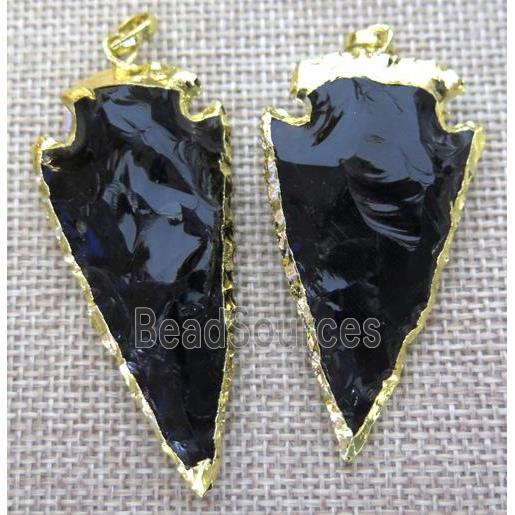 hammered black obsidian arrowhead pendant, gold plated