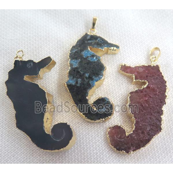 agate sea-horse pendant, mixed color, gold plated