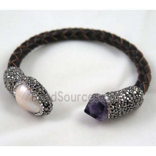 pearl and amethyst leather bracelet paved rhinestone